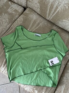 SO Light Green Short-Sleeve Sheer Layered Crop Top